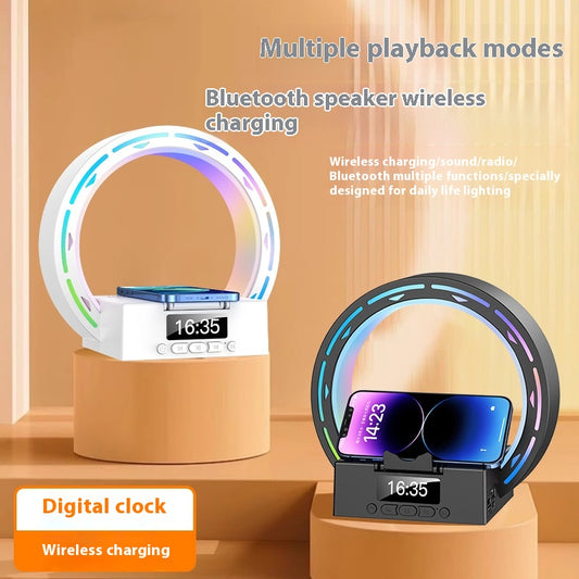 4 in 1 Wireless Bluetooth-Compatible Speaker Charging Pad Bedside Lamp with Alarm Clock Wake-Up Light for Bedroom Support USB Drive TF Card