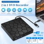 External DVD RW Drive USB 3.0 Type C 2 in 1 Interface Slim DVD CD Writer Burner Reader Player Optical Drive for Laptop PC